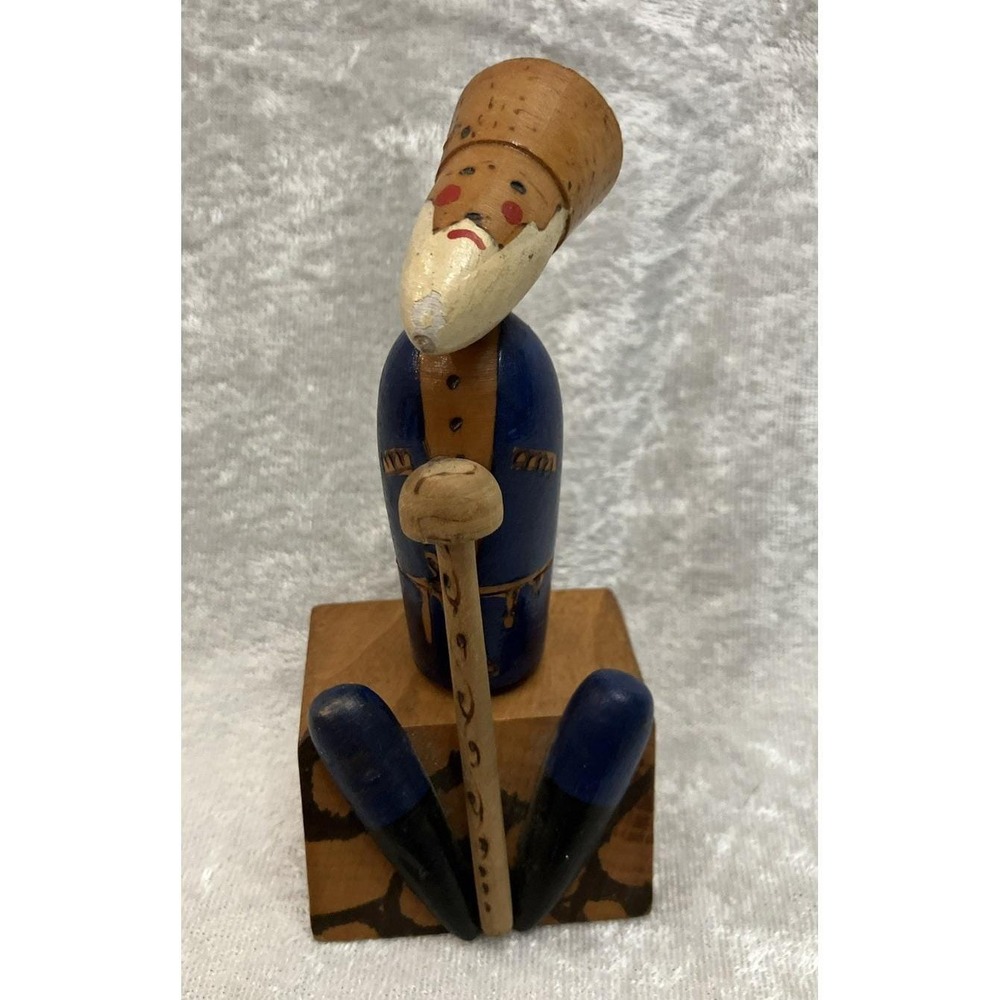 VTG Hand Painted Carved Wood Russian Shepherd 5" Figurine USSR, Beard & Staff